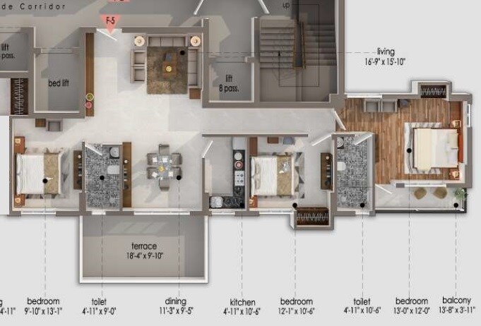 Floor plan of 3 BHK 1943 Sq. Ft. Apartment in TPJ Lux Insignia, Kolkata