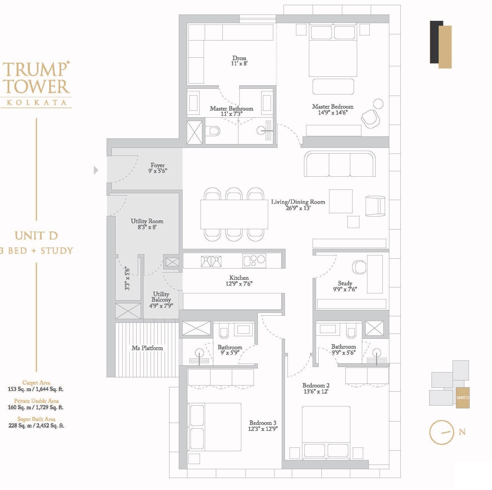 Floor plan of 3 BHK 1644 Sq. Ft. Apartment in Tribeca Trump Tower, Kolkata