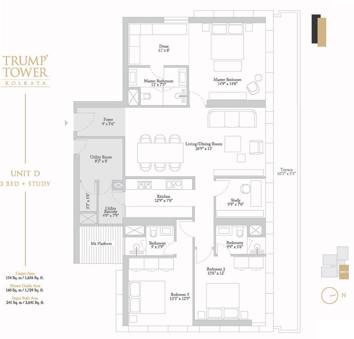 Floor plan of 3 BHK 1656 Sq. Ft. Apartment in Tribeca Trump Tower, Kolkata