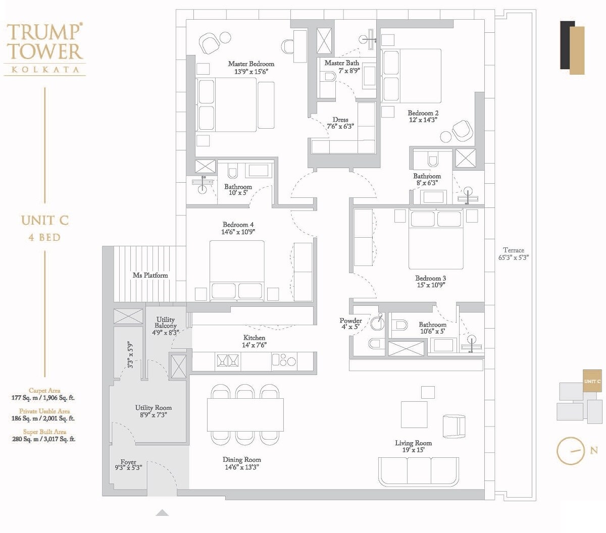Floor plan of 4 BHK 1906 Sq. Ft. Apartment in Tribeca Trump Tower, Kolkata