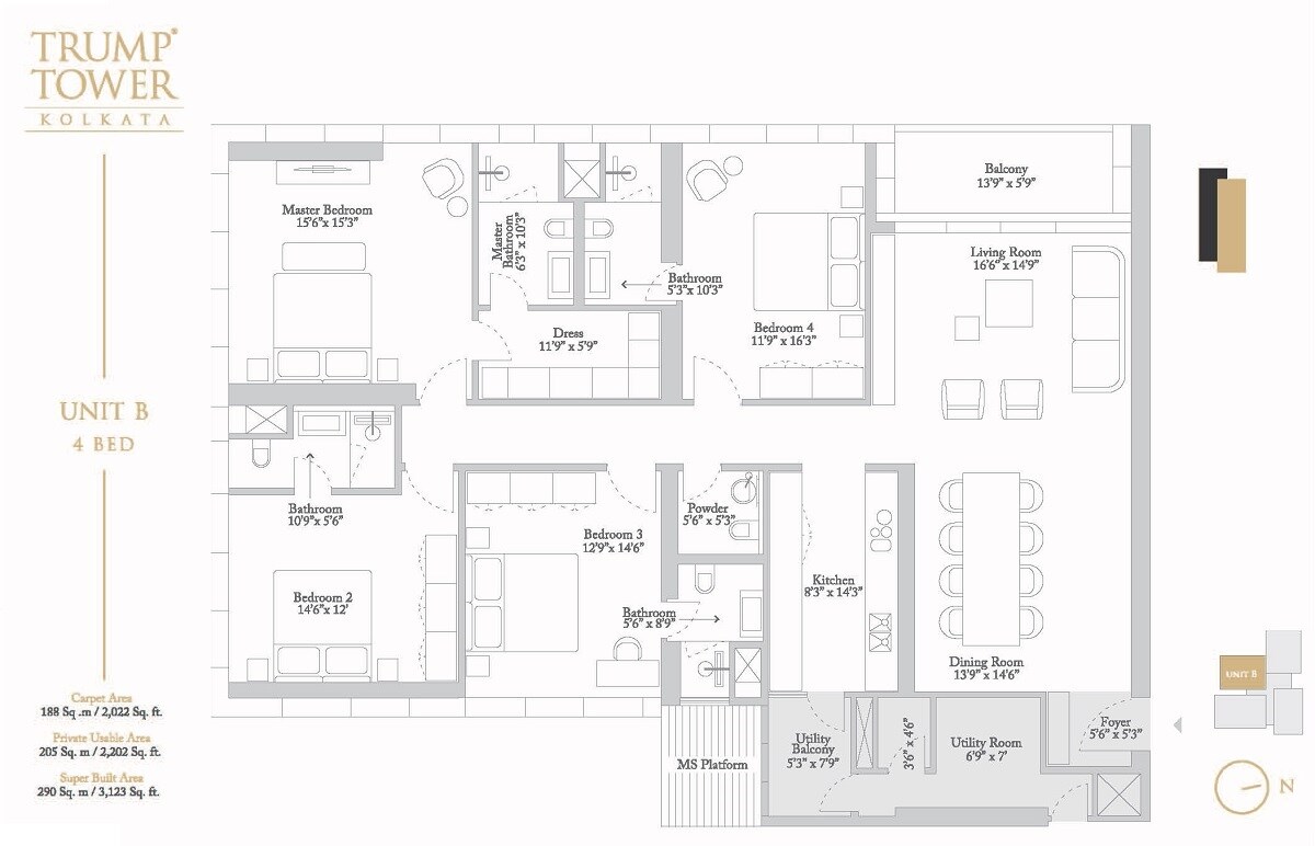 Floor plan of 4 BHK 2022 Sq. Ft. Apartment in Tribeca Trump Tower, Kolkata