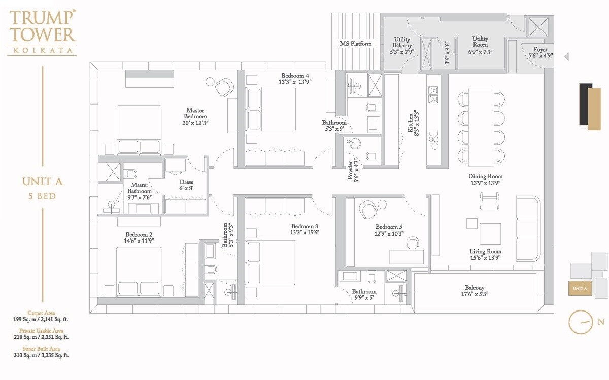 Floor plan of 5 BHK 2141 Sq. Ft. Apartment in Tribeca Trump Tower, Kolkata