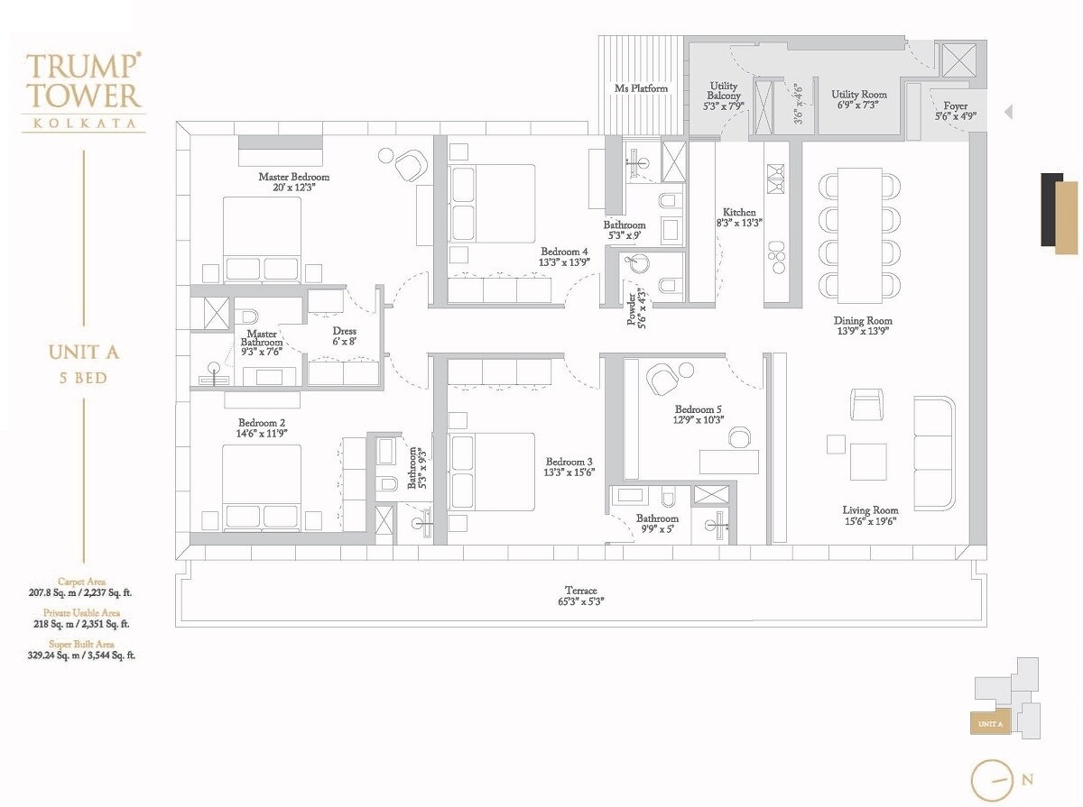 Floor plan of 5 BHK 2237 Sq. Ft. Apartment in Tribeca Trump Tower, Kolkata