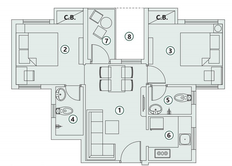 Floor plan of 2 BHK 770 Sq. Ft. Apartment in Unik Plaza, Kolkata
