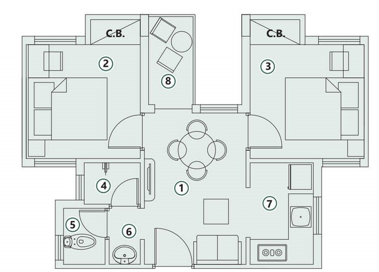 Floor plan of 2 BHK 790 Sq. Ft. Apartment in Unik Plaza, Kolkata