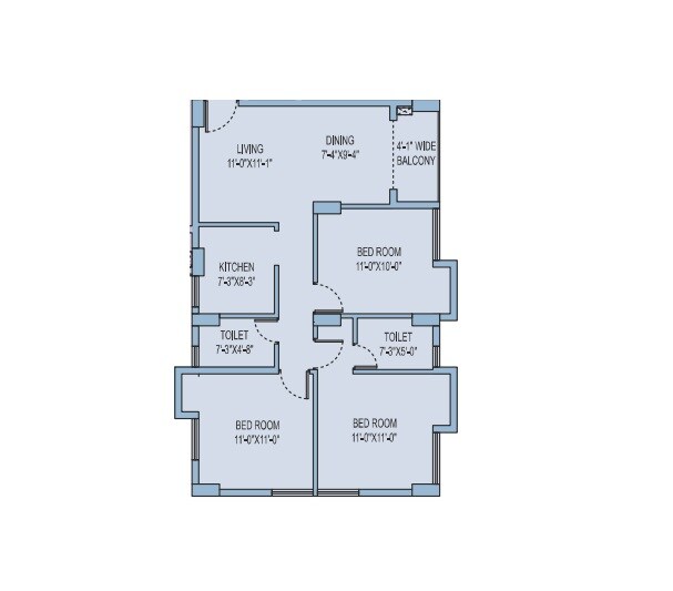 Floor plan of 3 BHK 915 Sq. Ft. Apartment in Unimark Lakewood Estate, Kolkata