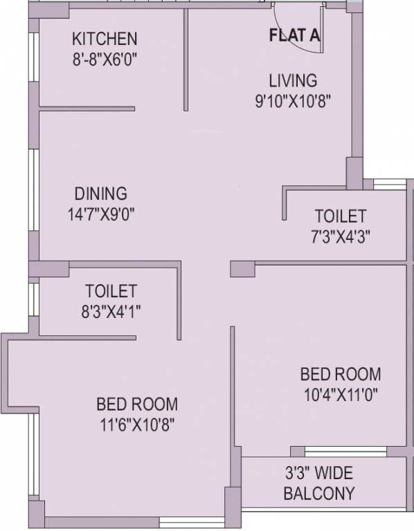 Floor plan of 2 BHK 925 Sq. Ft. Apartment in Unimark Merlion, Kolkata
