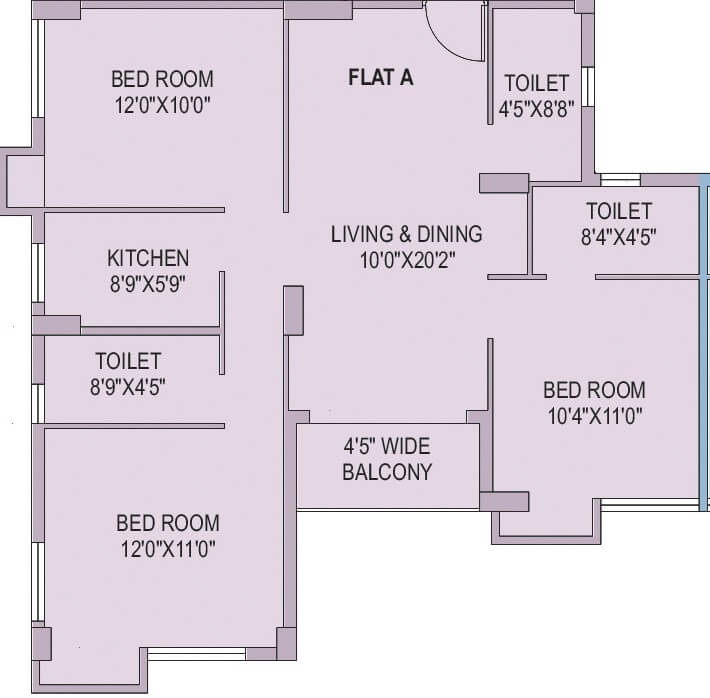 Floor plan of 3 BHK 1254 Sq. Ft. Apartment in Unimark Merlion, Kolkata