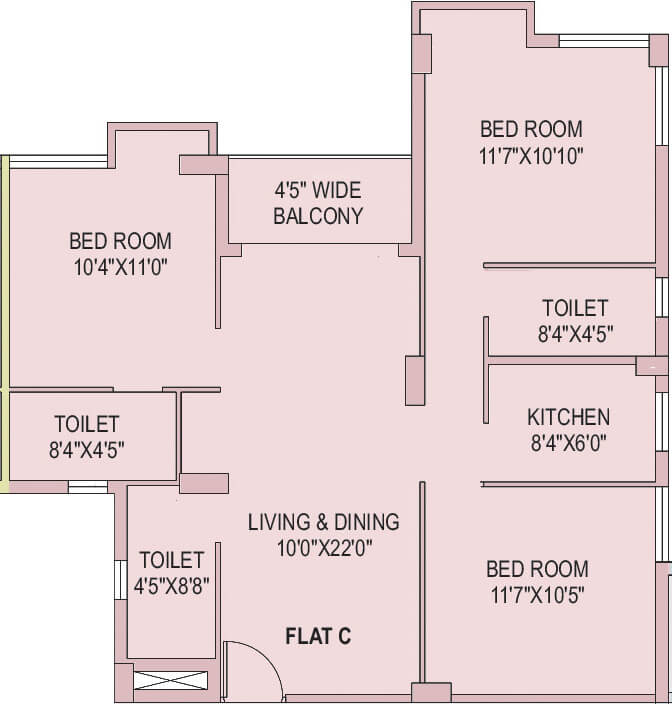 Floor plan of 3 BHK 1277 Sq. Ft. Apartment in Unimark Merlion, Kolkata