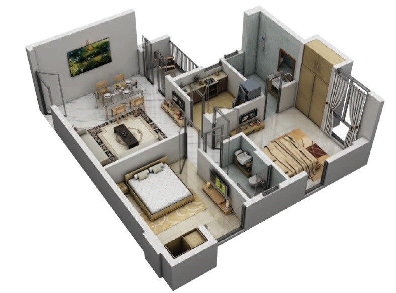 Floor plan of 2 BHK 1008 Sq. Ft. Apartment in Unimark Riviera, Kolkata