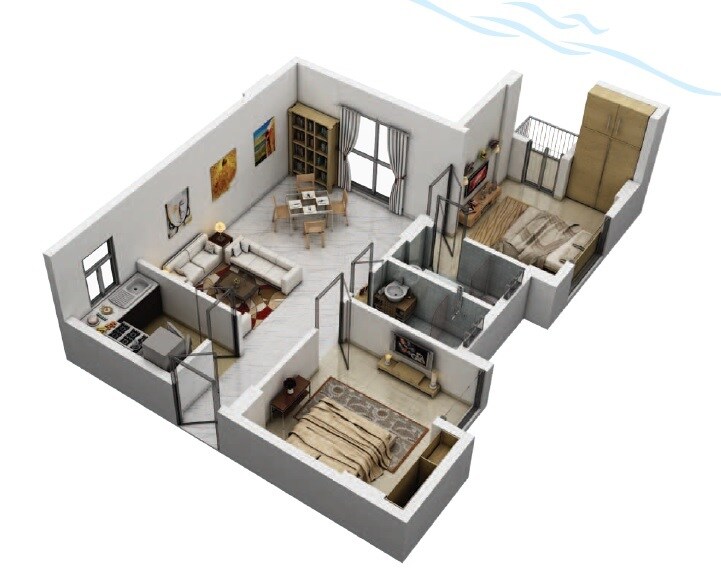 Floor plan of 2 BHK 1023 Sq. Ft. Apartment in Unimark Riviera, Kolkata