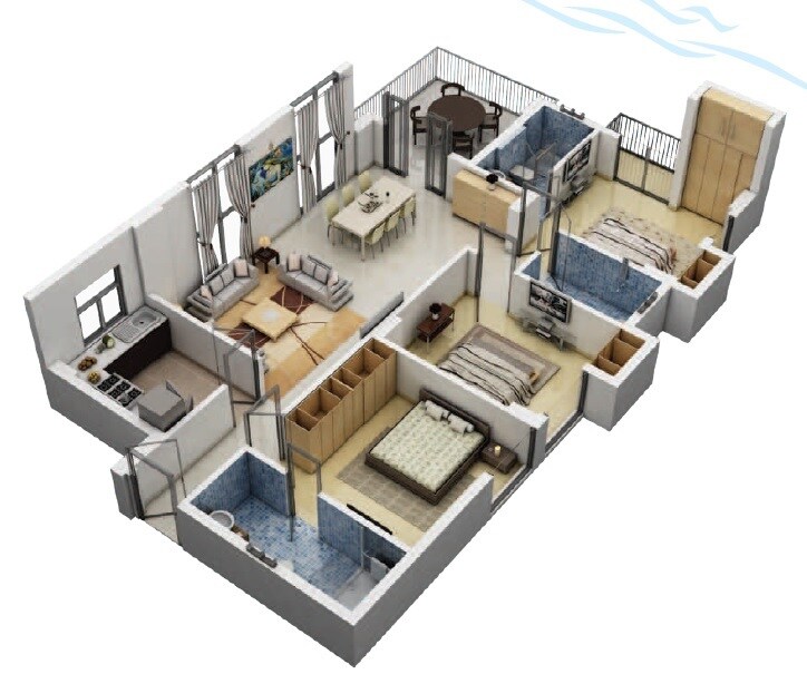 Floor plan of 3 BHK 1691 Sq. Ft. Apartment in Unimark Riviera, Kolkata
