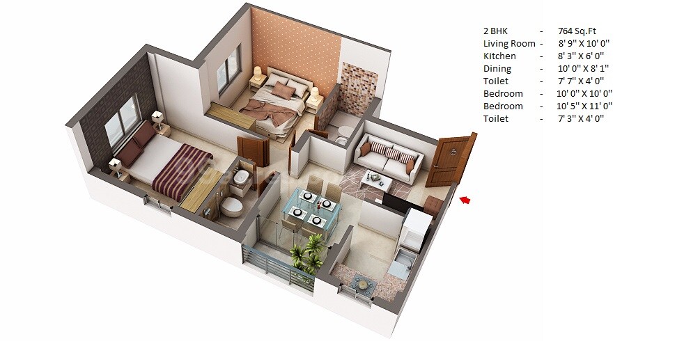 Floor plan of 2 BHK 764 Sq. Ft. Apartment in Unimark Sports City, Kolkata