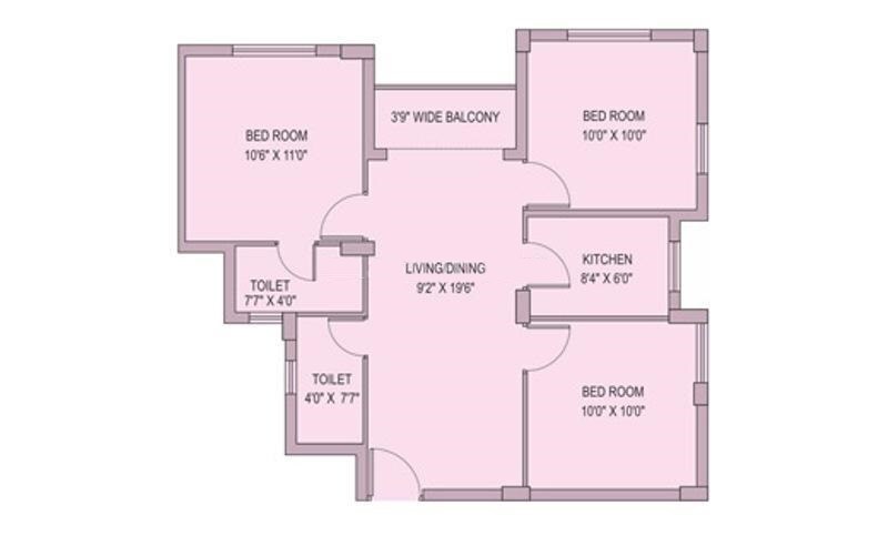 Floor plan of 3 BHK 984 Sq. Ft. Apartment in Unimark Sports City, Kolkata