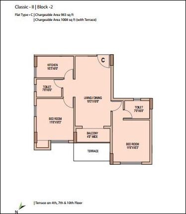 Floor plan of 2 BHK 1008 Sq. Ft. Apartment in Unimark Springfield, Kolkata