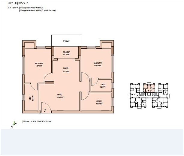 Floor plan of 2 BHK 923 Sq. Ft. Apartment in Unimark Springfield, Kolkata
