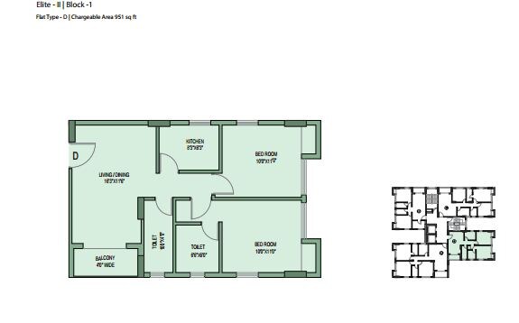 Floor plan of 2 BHK 951 Sq. Ft. Apartment in Unimark Springfield, Kolkata
