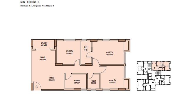 Floor plan of 3 BHK 1160 Sq. Ft. Apartment in Unimark Springfield, Kolkata