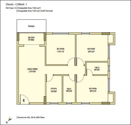 Floor plan of 3 BHK 1256 Sq. Ft. Apartment in Unimark Springfield, Kolkata