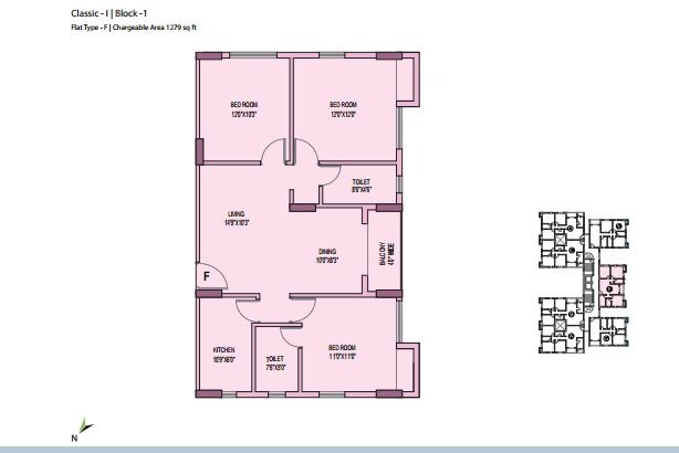 Floor plan of 3 BHK 1279 Sq. Ft. Apartment in Unimark Springfield, Kolkata