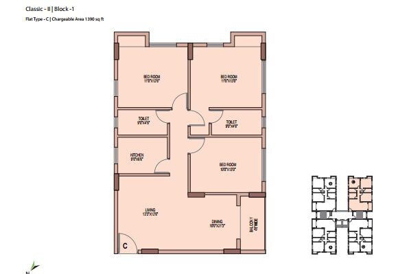 Floor plan of 3 BHK 1390 Sq. Ft. Apartment in Unimark Springfield, Kolkata