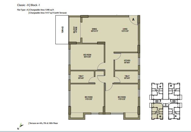 Floor plan of 3 BHK 1417 Sq. Ft. Apartment in Unimark Springfield, Kolkata
