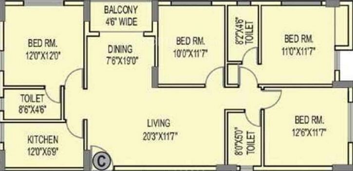 Floor plan of 4 BHK 1711 Sq. Ft. Apartment in Unimark Springfield, Kolkata