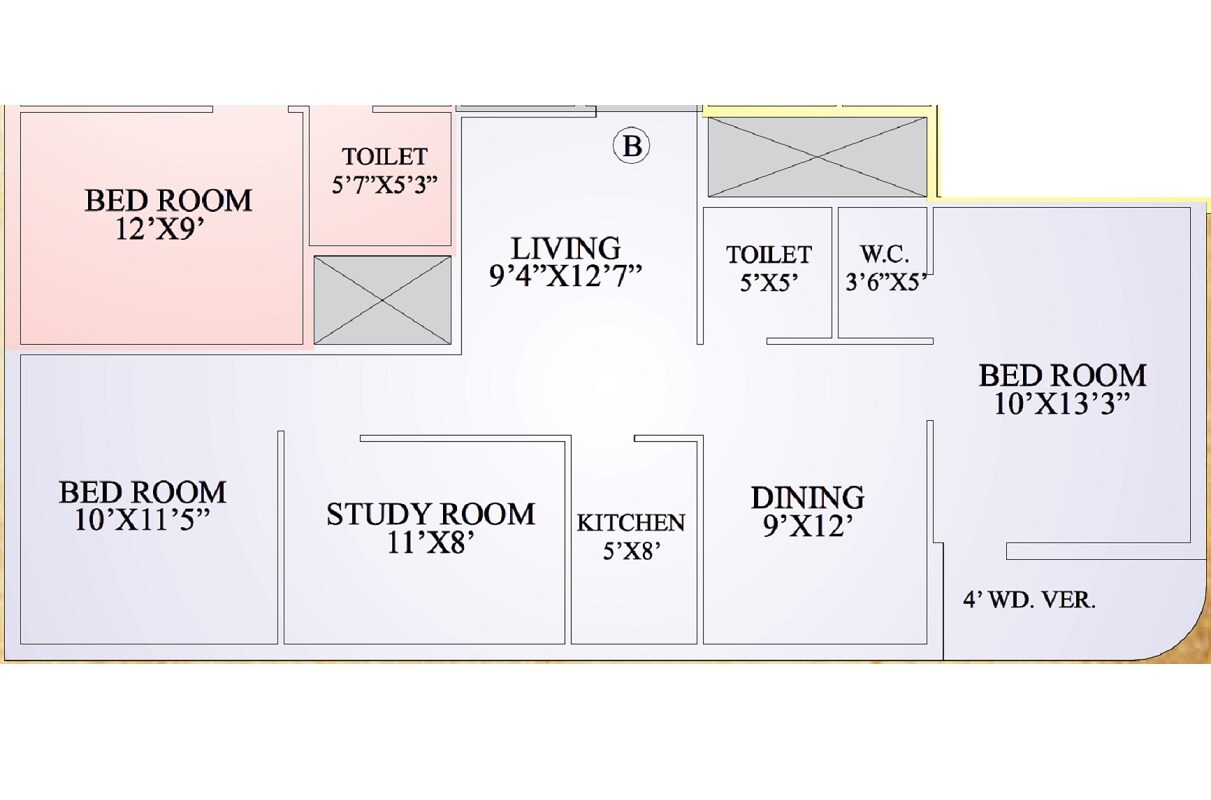 Floor plan of 3 BHK 1050 Sq. Ft. Apartment in Unique Vatika, Kolkata
