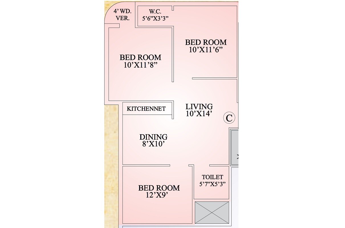 Floor plan of 3 BHK 900 Sq. Ft. Apartment in Unique Vatika, Kolkata