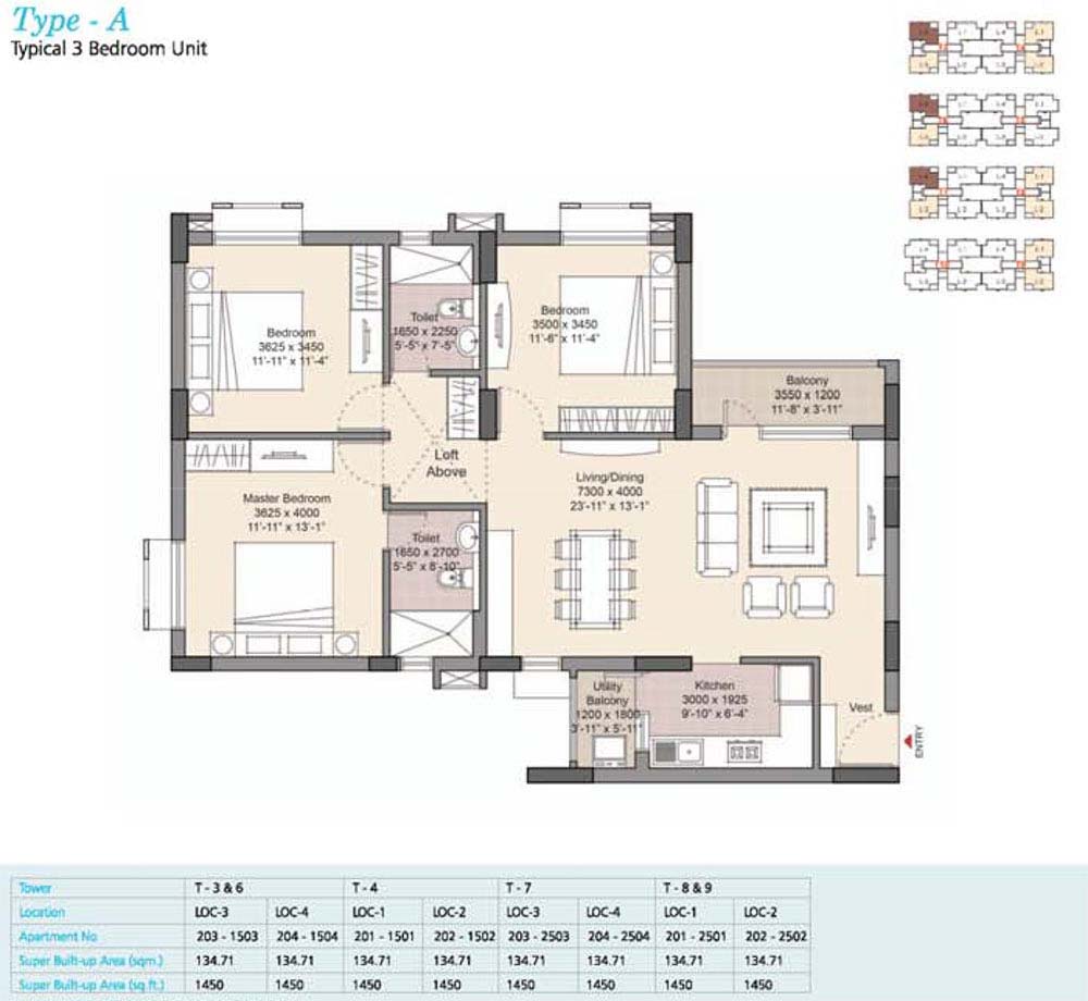 Floor plan of 3 BHK 1450 Sq. Ft. Apartment in Unitech Fresco Kolkata, Kolkata