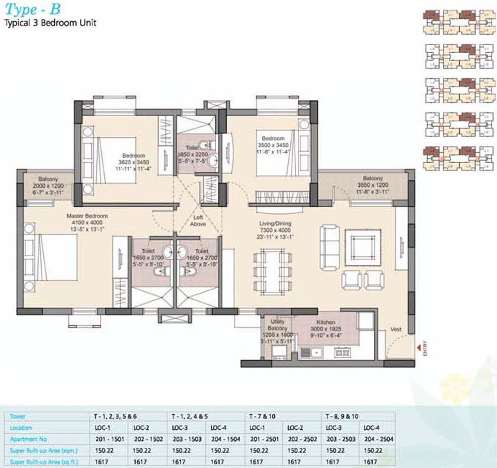 Floor plan of 3 BHK 1617 Sq. Ft. Apartment in Unitech Fresco Kolkata, Kolkata
