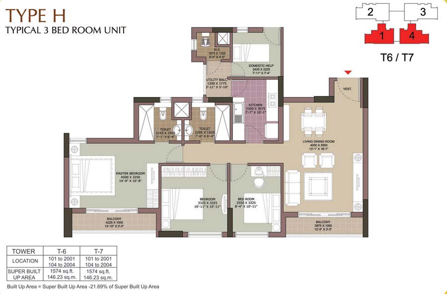 Floor plan of 2 BHK 1574 Sq. Ft. Apartment in Unitech Harmony Rajarhat, Kolkata