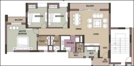 Floor plan of 3 BHK 1893 Sq. Ft. Apartment in Unitech Harmony Rajarhat, Kolkata