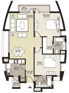 Floor plan of 2 BHK 1334 Sq. Ft. Apartment in Unitech Horizon Kolkata, Kolkata
