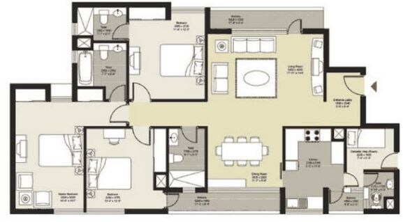 Floor plan of 3 BHK 2052 Sq. Ft. Apartment in Unitech Horizon Kolkata, Kolkata