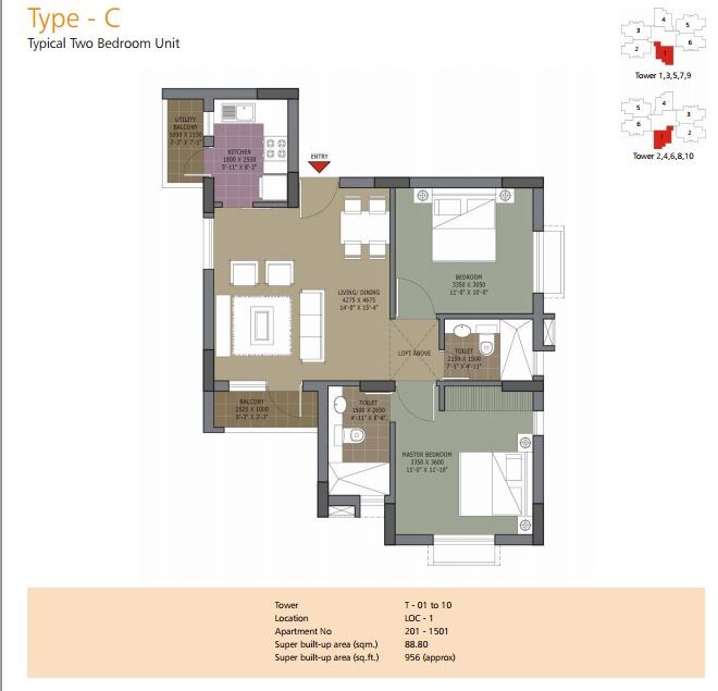 Floor plan of 2 BHK Apartment - 579 sq. ft. in Unitech Vista, Kolkata