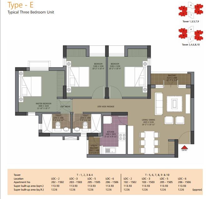 Floor plan of 3 BHK Apartment - 774 sq. ft. in Unitech Vista, Kolkata