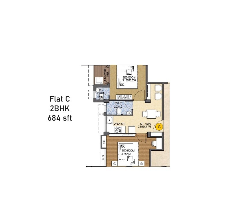 2 BHK 684 Sq. Ft. Apartment