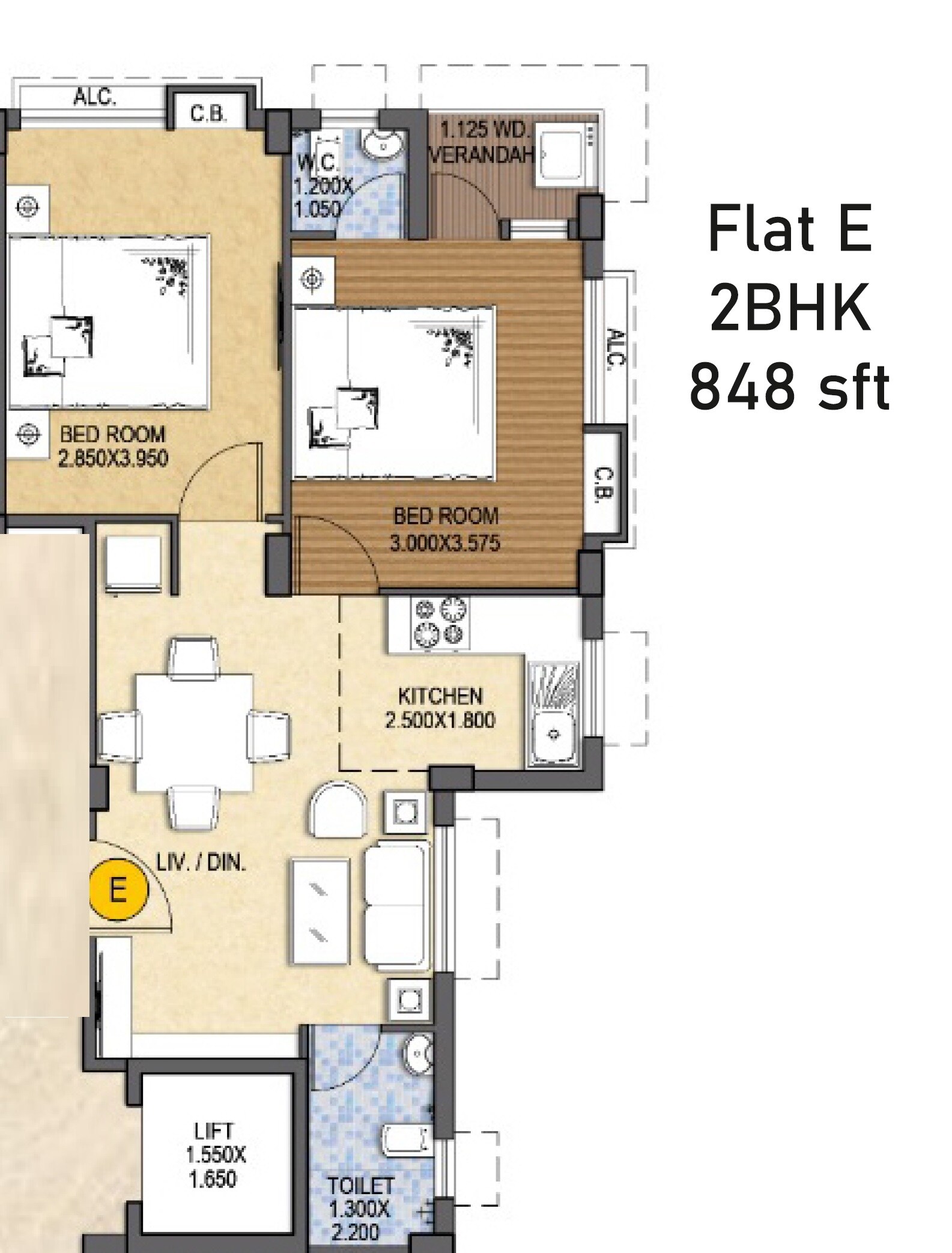 2 BHK 848 Sq. Ft. Apartment