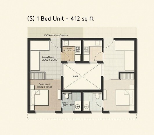Floor plan of 1 BHK 412 Sq. Ft. Apartment in Vedic Eco Homes, Kolkata