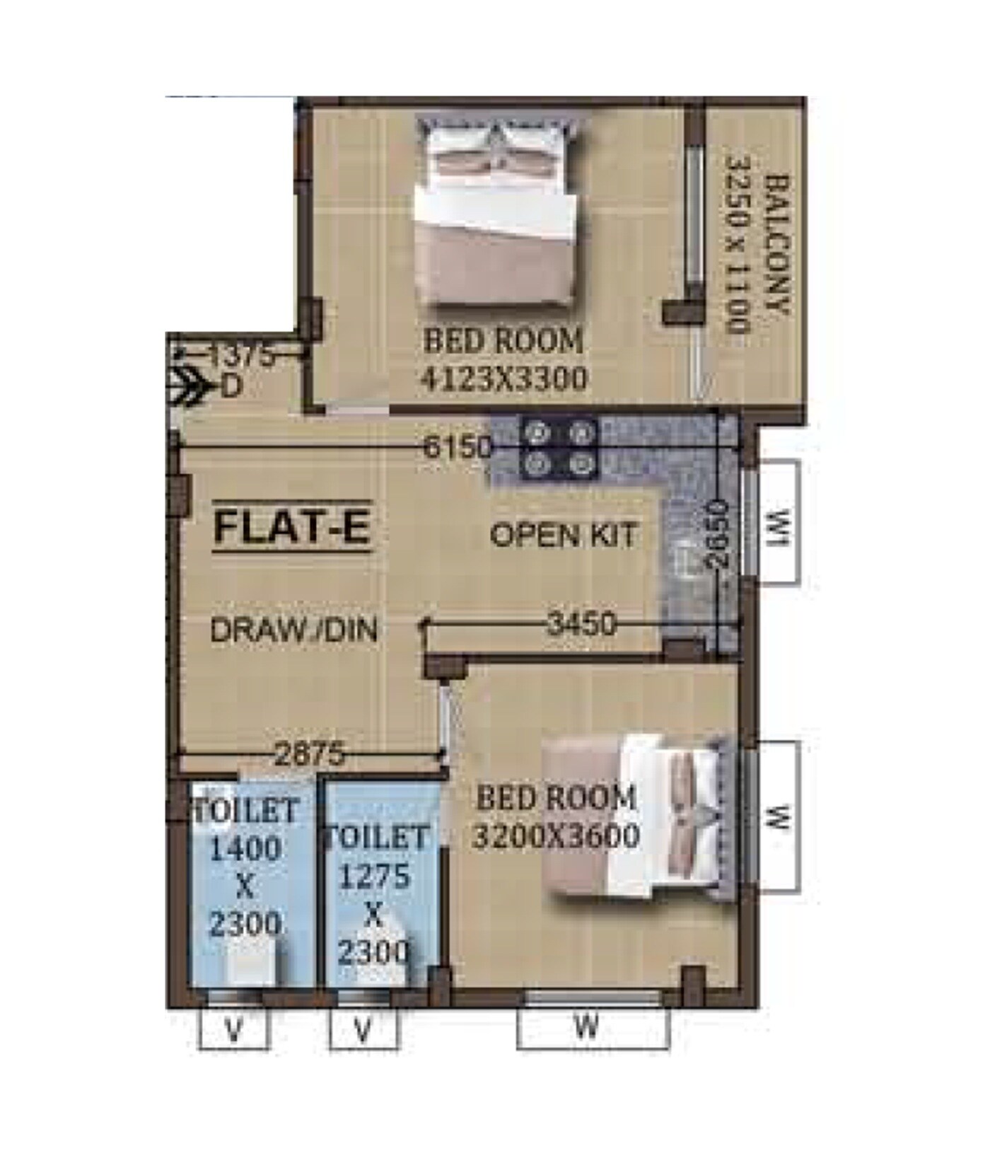 Floor plan of 2 BHK 974 Sq. Ft. Apartment in Veni Sunrise Complex, Kolkata