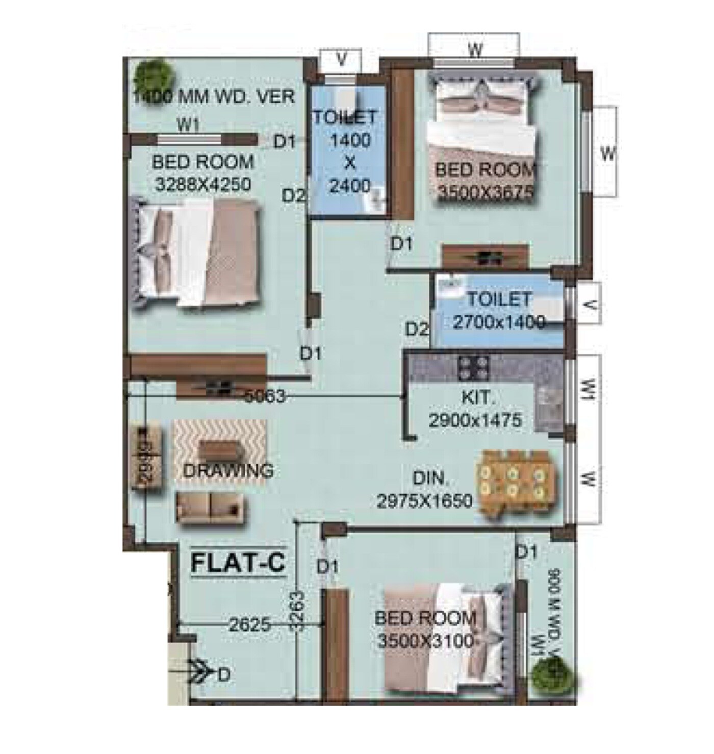 Floor plan of 3 BHK 1482 Sq. Ft. Apartment in Veni Sunrise Complex, Kolkata