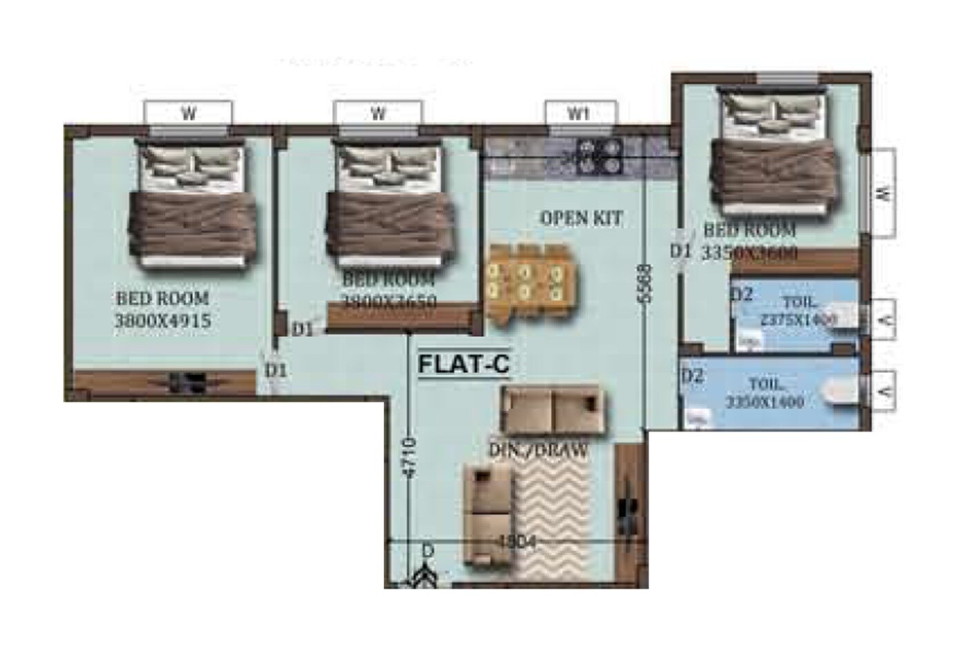 Floor plan of 3 BHK 1586 Sq. Ft. Apartment in Veni Sunrise Complex, Kolkata