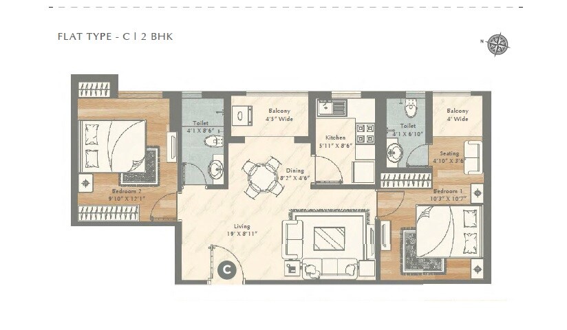 Floor plan of 2 BHK 958 Sq. Ft. Apartment in Vinayak Aquasa, Kolkata