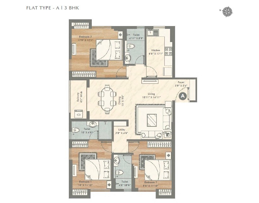 Floor plan of 3 BHK 1513 Sq. Ft. Apartment in Vinayak Aquasa, Kolkata