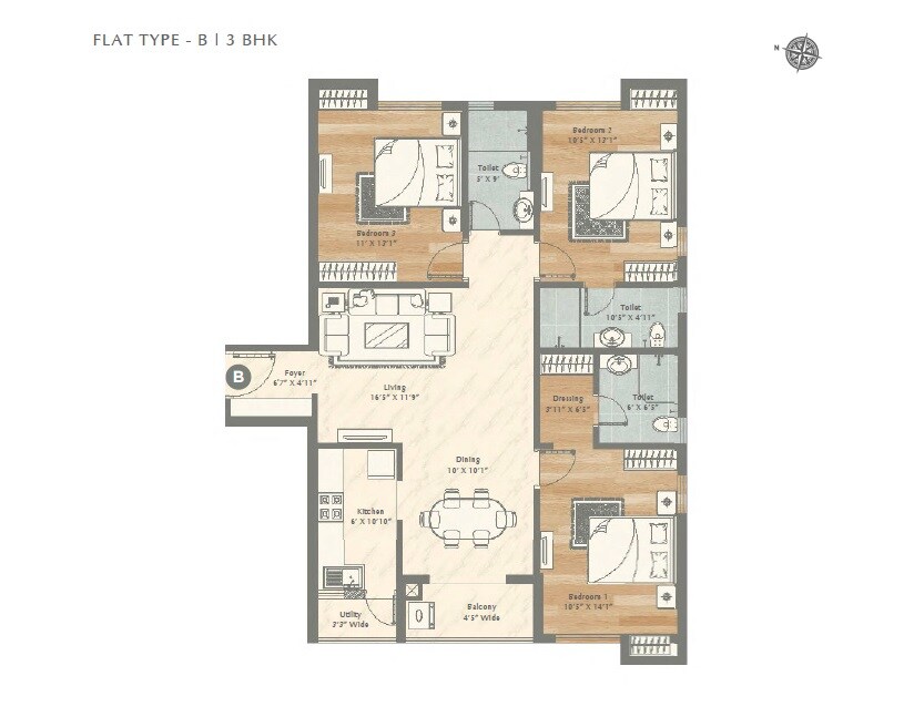 Floor plan of 3 BHK 1641 Sq. Ft. Apartment in Vinayak Aquasa, Kolkata