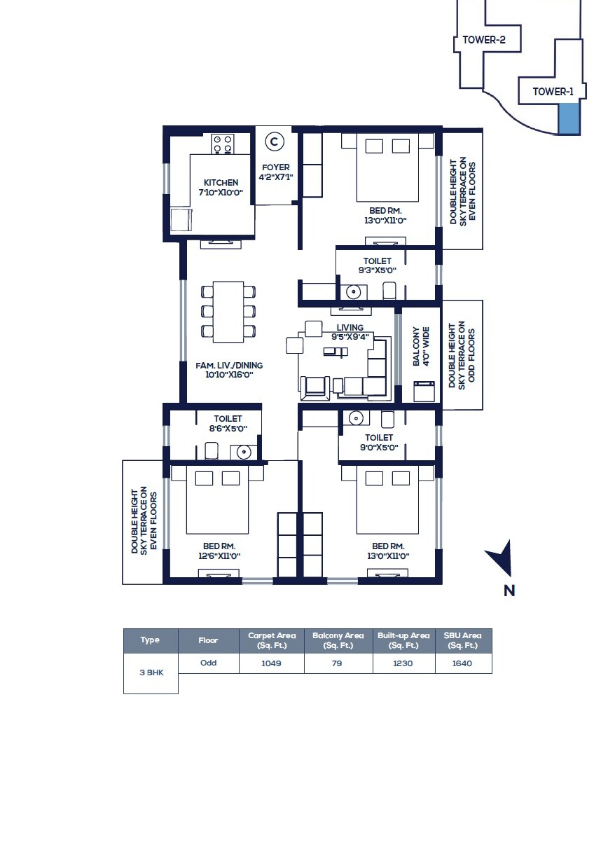 Floor plan of 3 BHK 1640 Sq. Ft. Apartment in Vinayak Atlantis, Kolkata