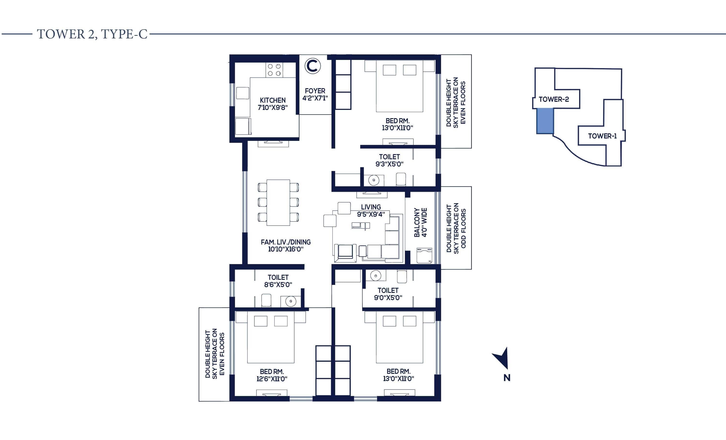 Floor plan of 3 BHK 1710 Sq. Ft. Apartment in Vinayak Atlantis, Kolkata