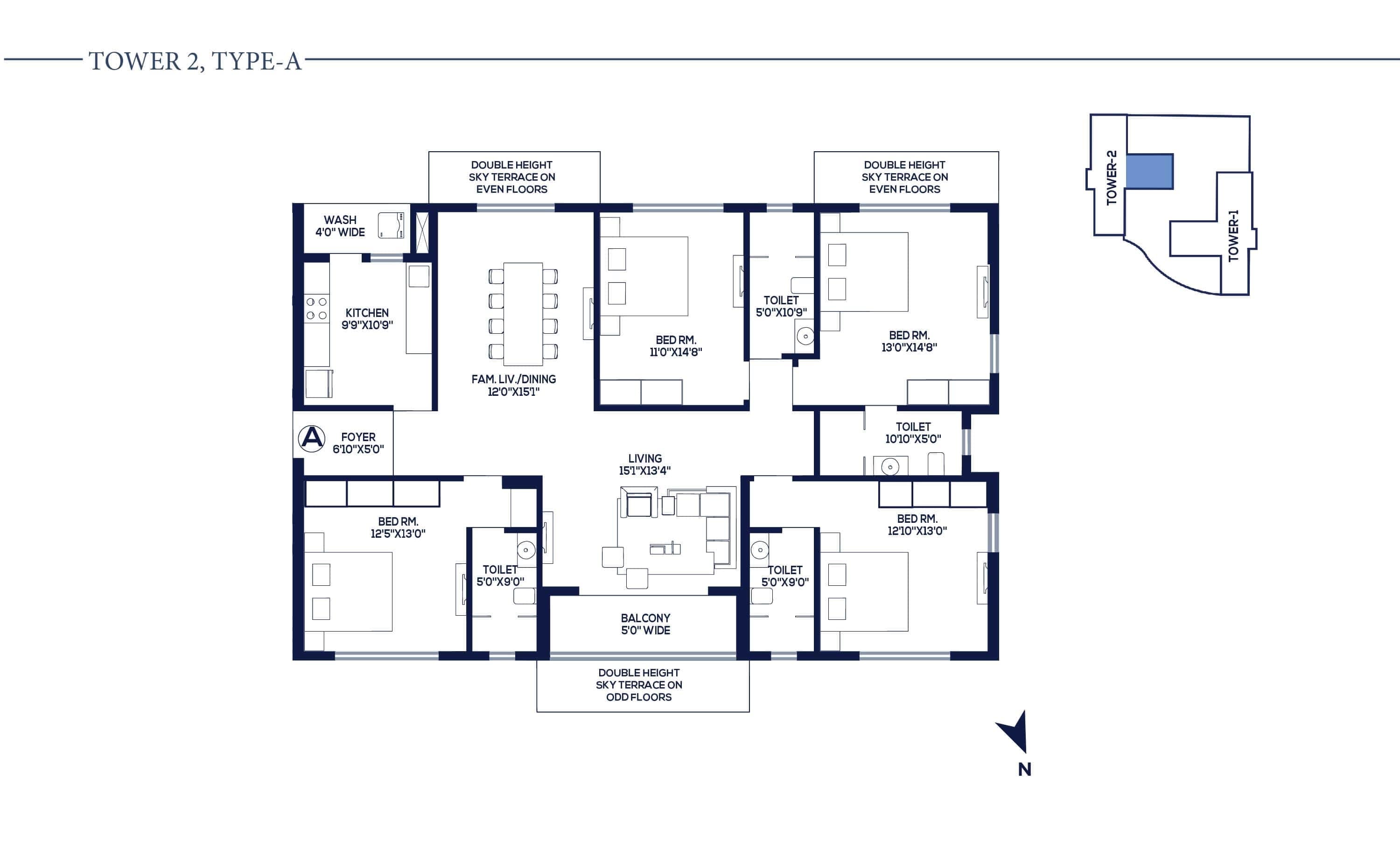 Floor plan of 4 BHK 2560 Sq. Ft. Apartment in Vinayak Atlantis, Kolkata
