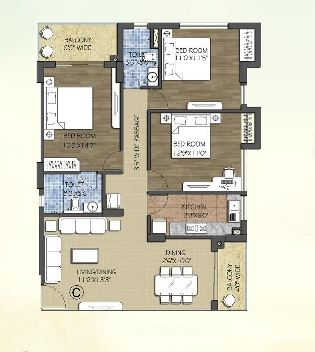 Floor plan of 3 BHK Apartment - 1510 sq. ft. in Vinayak Blossom County, Kolkata